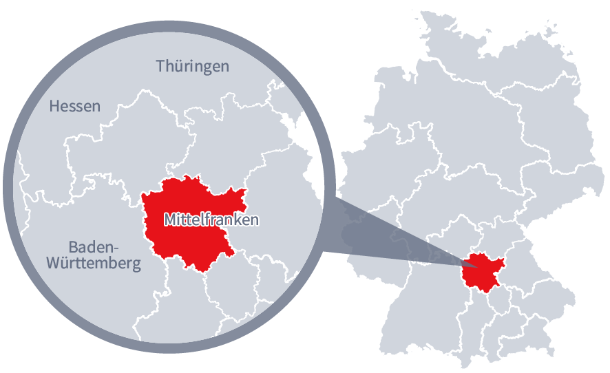 Diese Grafik zeigt eine Karte von Deutschland mit einer detaillierten Ansicht der Region Mittelfranken. Mittelfranken ist in Rot hervorgehoben und liegt im südlichen Teil Deutschlands. Ein Lupensymbol vergrößert diesen Bereich, um die Lage genauer darzustellen. 