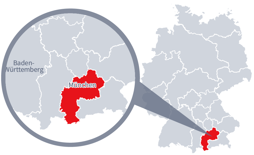 Diese Grafik zeigt eine Karte von Deutschland mit einer detaillierten Ansicht der Region München. München ist in Rot hervorgehoben und liegt im südlichen Teil Deutschlands. Ein Lupensymbol vergrößert diesen Bereich, um die Lage genauer darzustellen. 